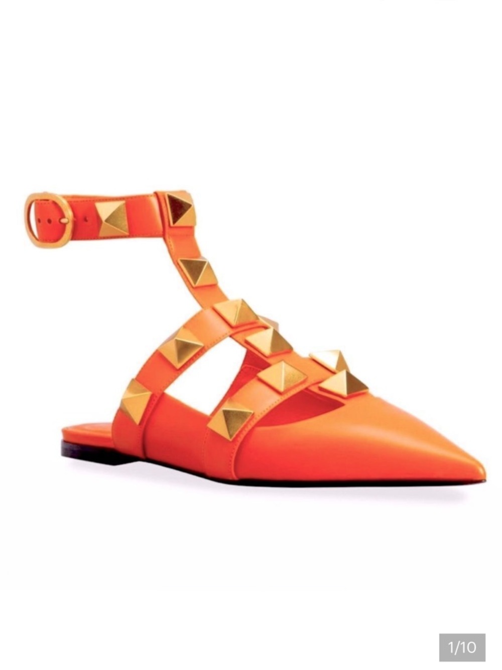 Valentino Garavani Roman Stud Orange Leather Ankle Strap Flats Size 38 / 8